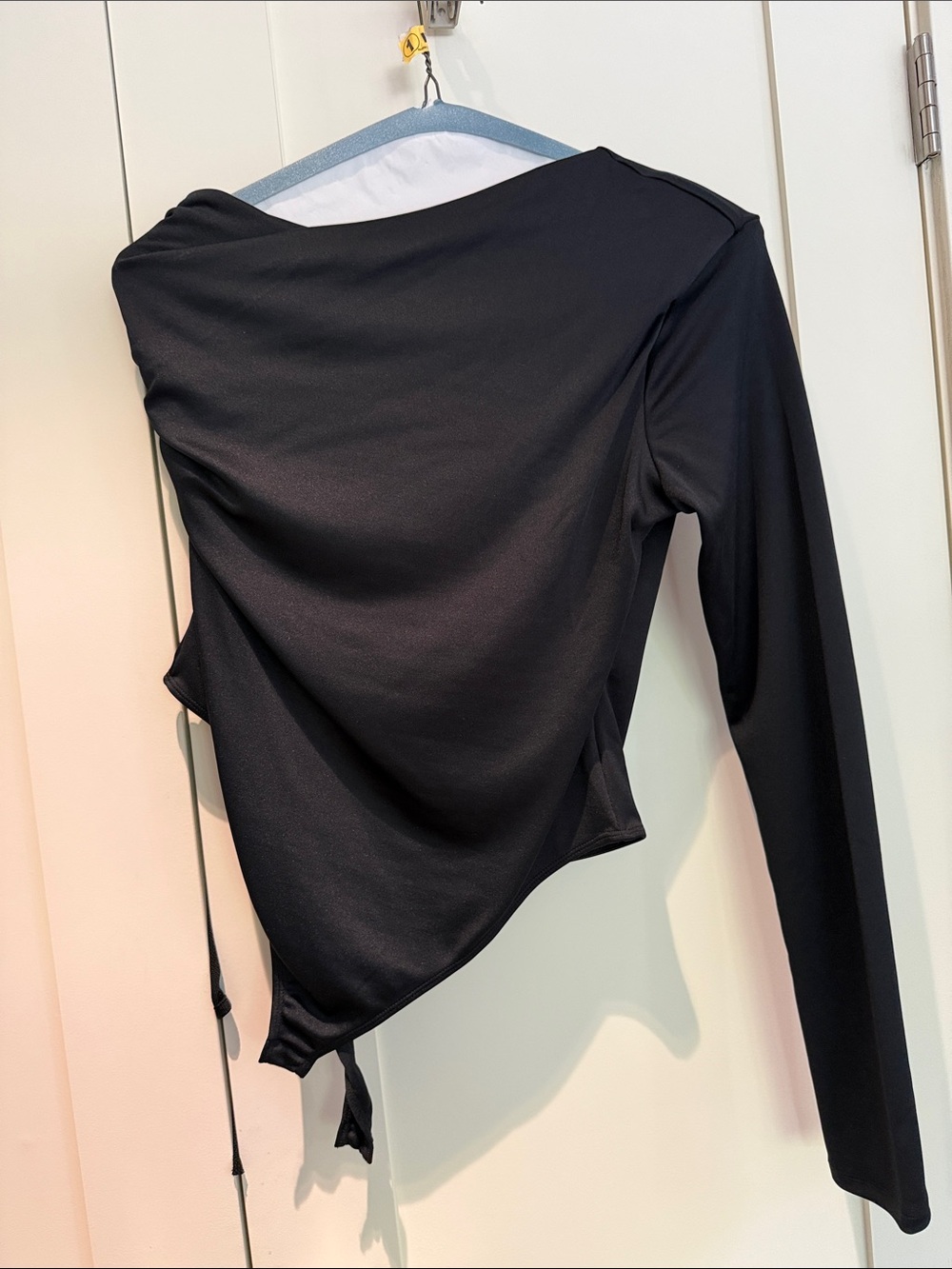 Black Long-Sleeve Asymmetric Wrap Top - Women